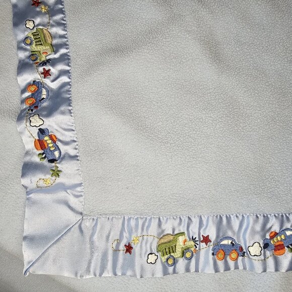 Parents Choice Blue Baby Blanket Satin Trim Truck Car Plane Airplane Fleece - Picture 1 of 11